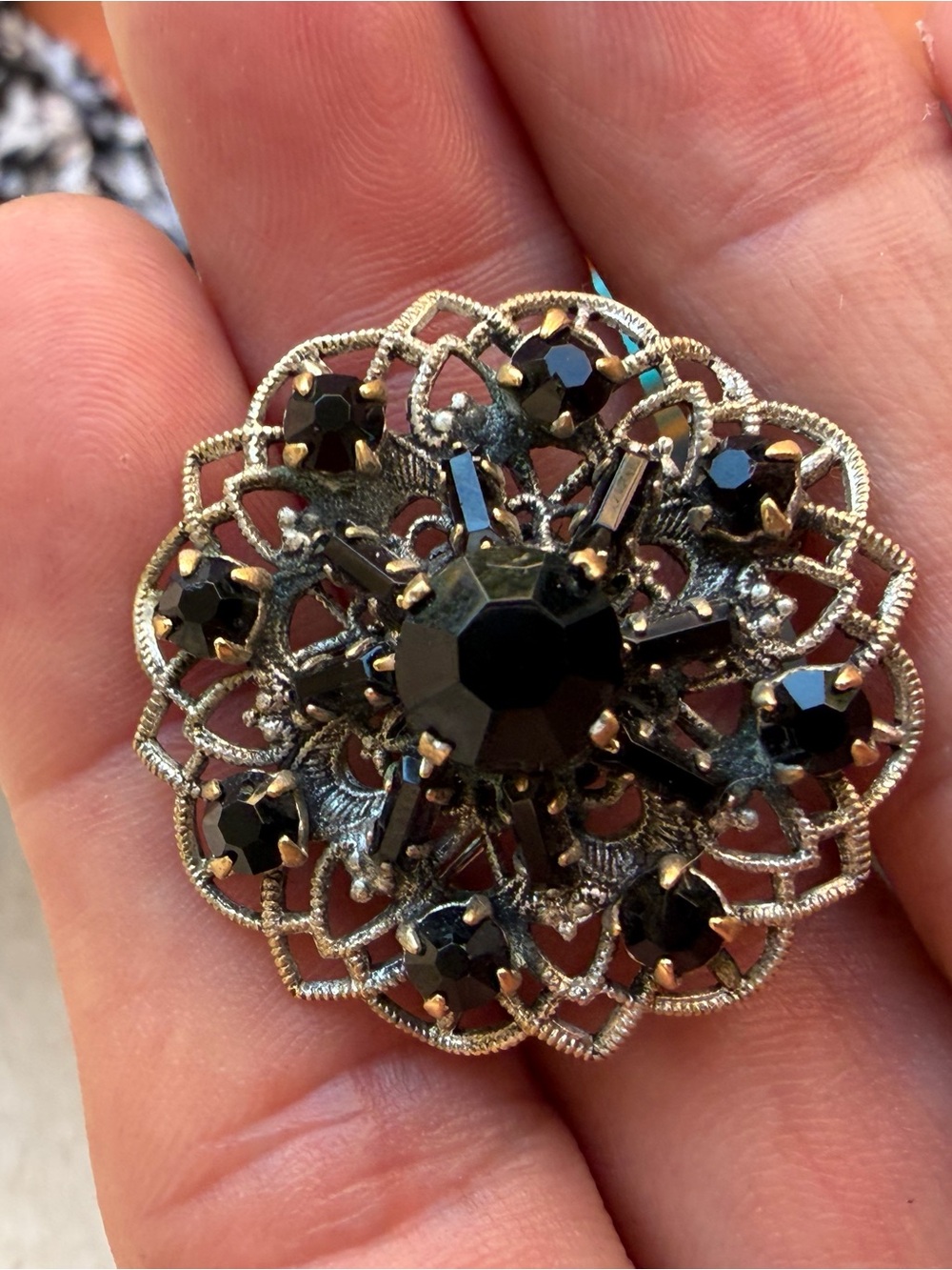 Vintage Silver Tone Czechoslovakia Ornate Black Crystal Filigree Brooch